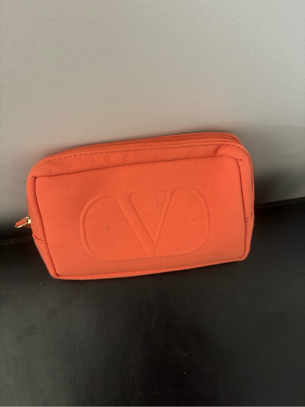 Valentino Orange Canvas Cosmetic Pouch with Embossed V